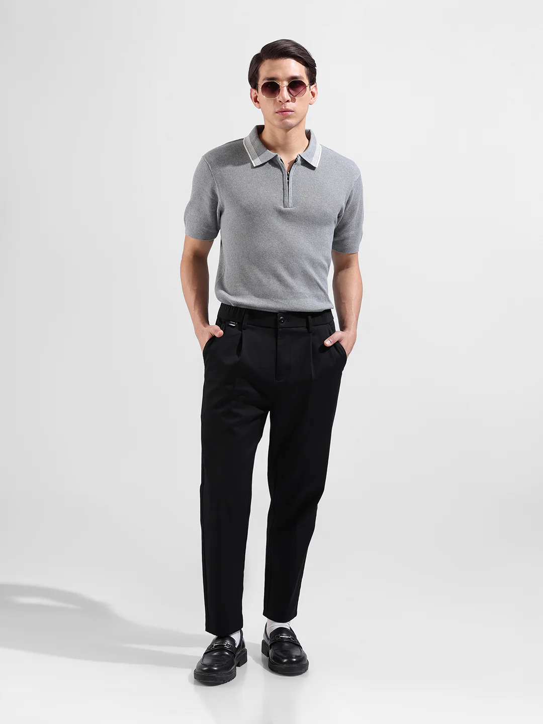 Men's Grey Slim Fit Solid Flat Knit Polo T-Shirt - Image 6