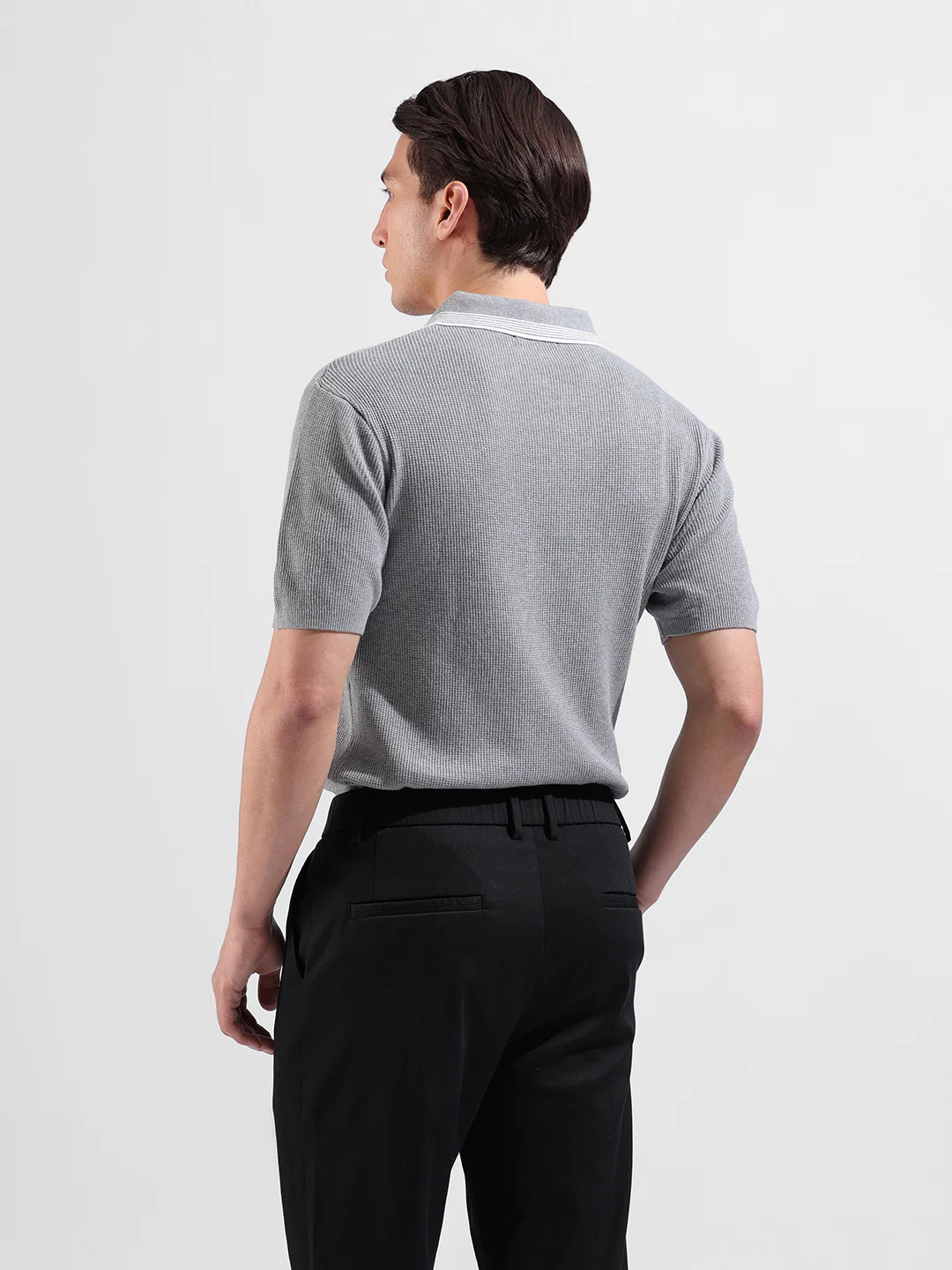 Men's Grey Slim Fit Solid Flat Knit Polo T-Shirt - Image 7