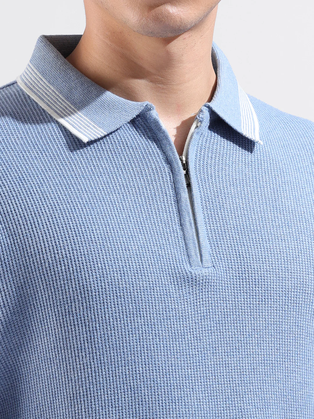 Men's Blue Slim Fit Solid Flat Knit Polo T-Shirt - Image 3