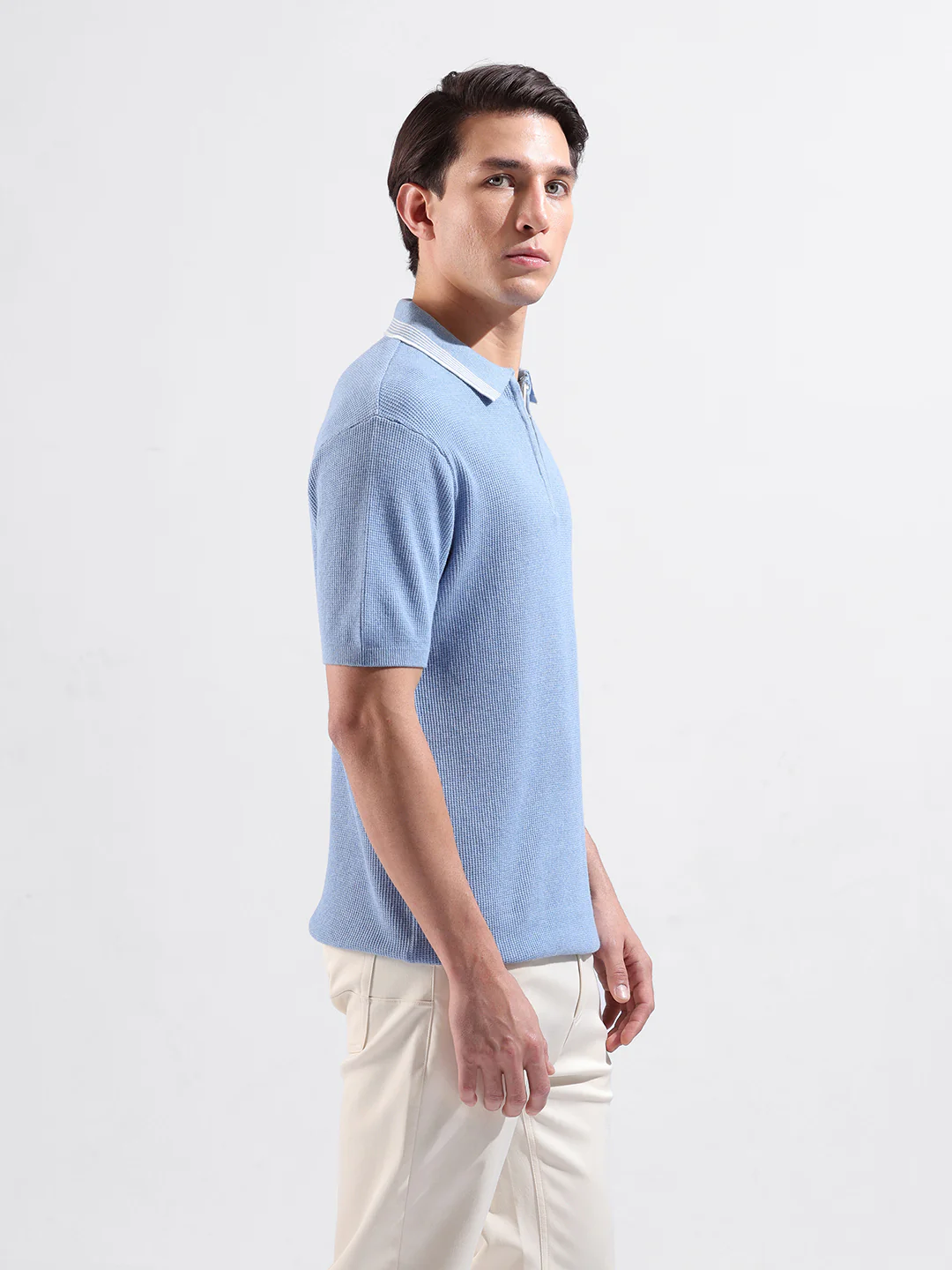 Men's Blue Slim Fit Solid Flat Knit Polo T-Shirt - Image 4
