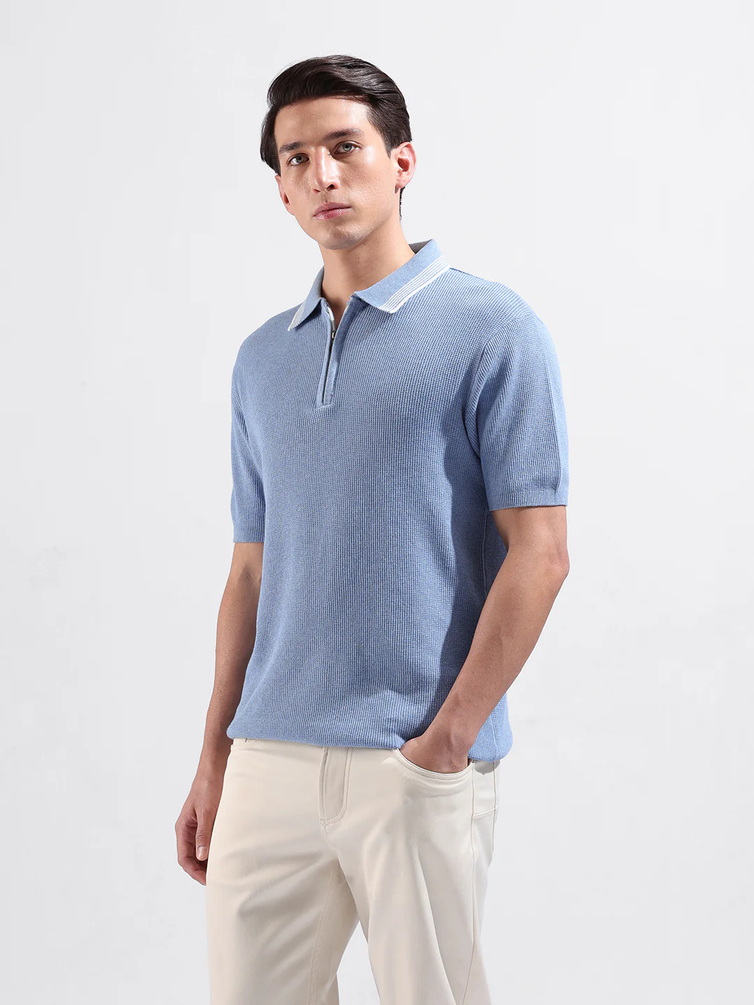 Men's Blue Slim Fit Solid Flat Knit Polo T-Shirt - Image 5