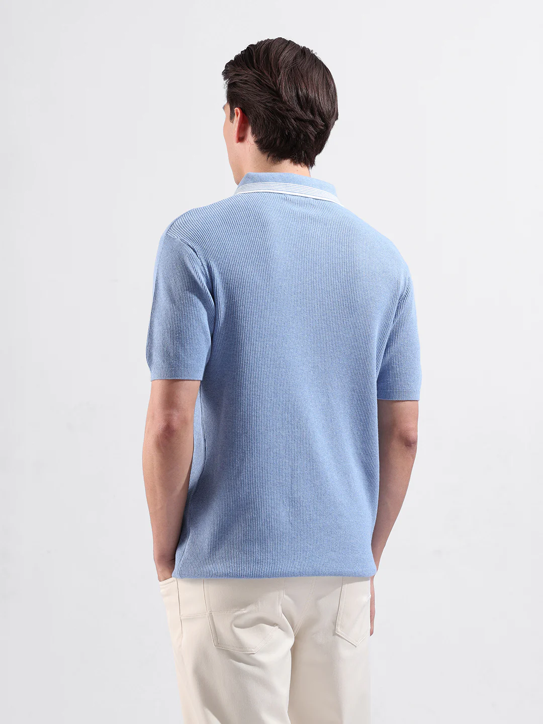 Men's Blue Slim Fit Solid Flat Knit Polo T-Shirt - Image 6