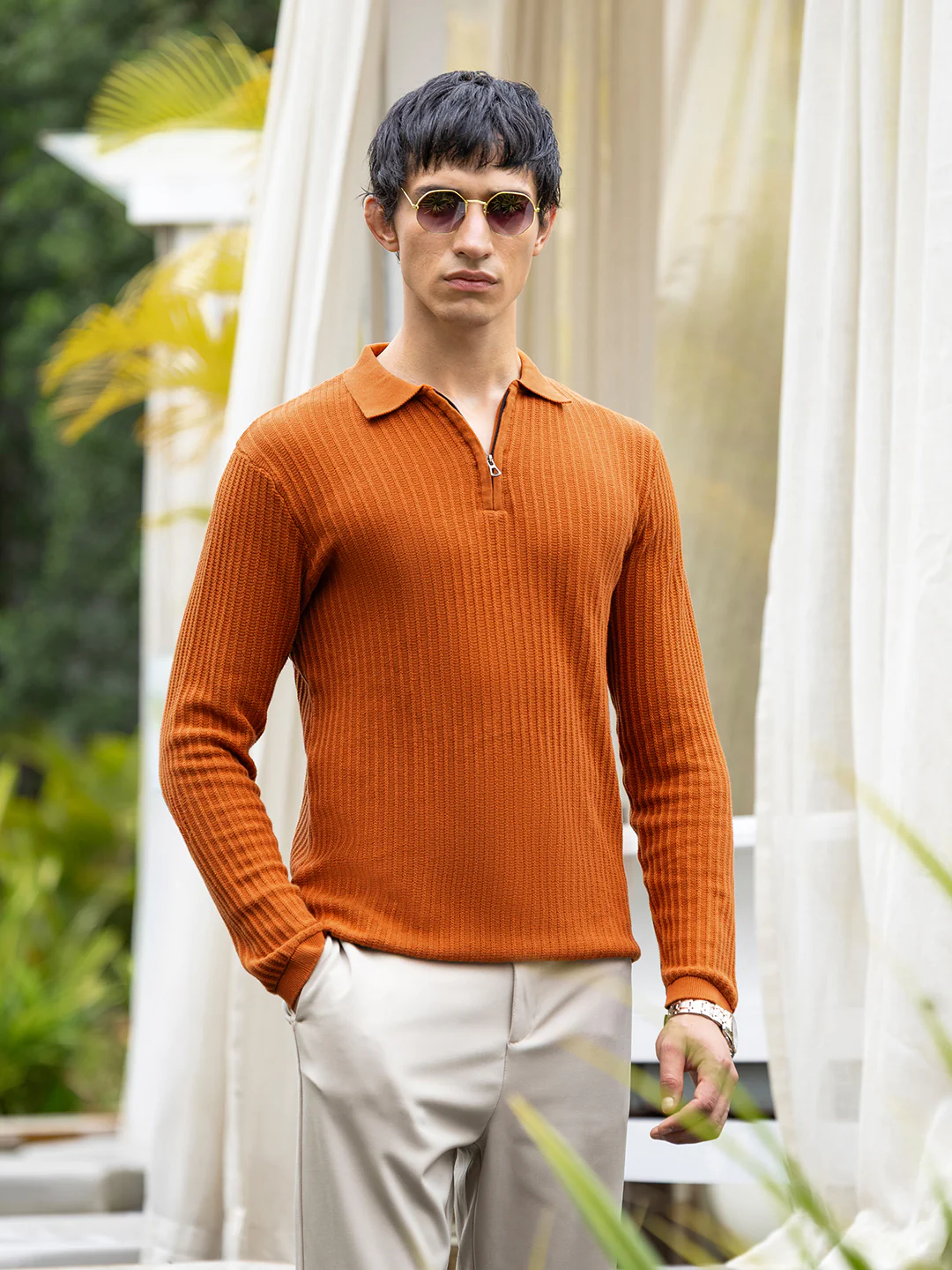 Men's Rust Slim Fit Striped Flat Knit Polo T-Shirt