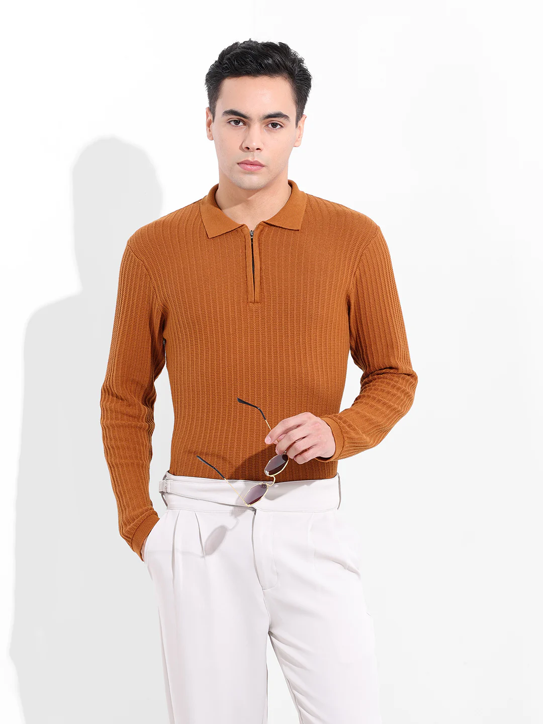 Men's Rust Slim Fit Striped Flat Knit Polo T-Shirt - Image 2