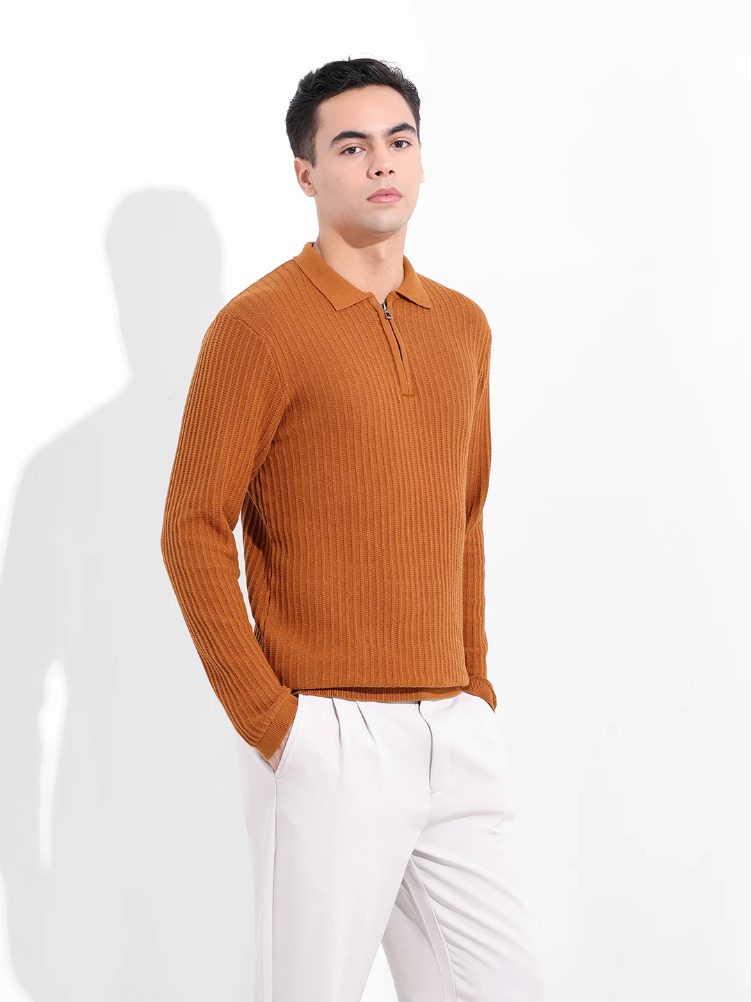 Men's Rust Slim Fit Striped Flat Knit Polo T-Shirt - Image 5
