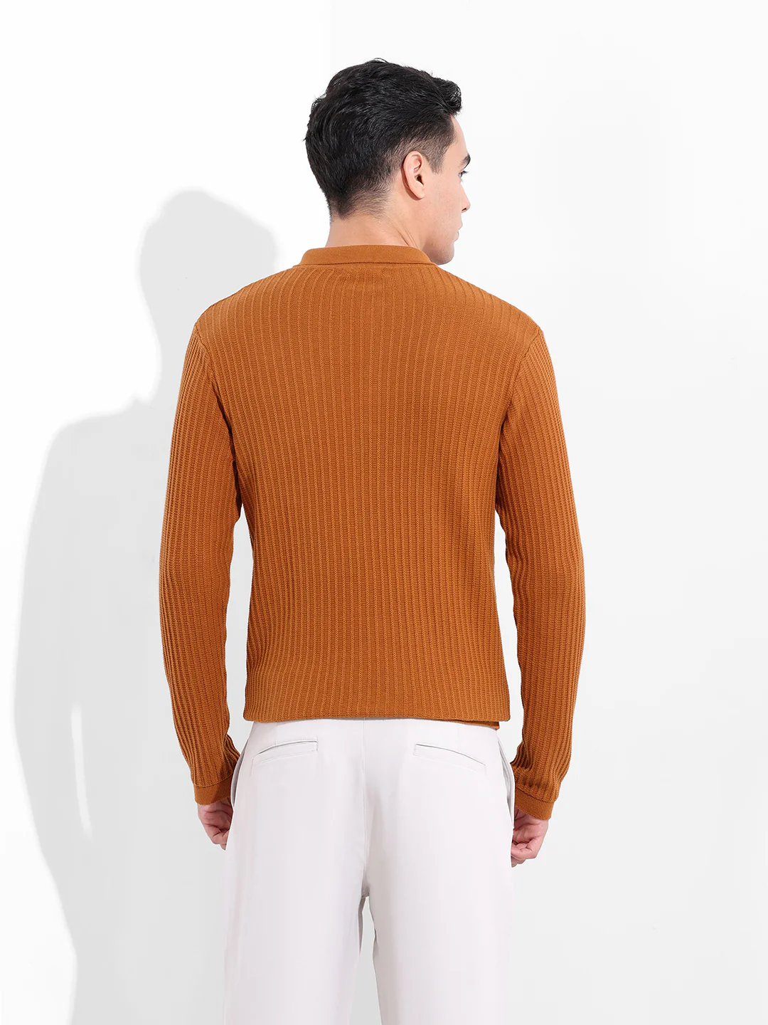 Men's Rust Slim Fit Striped Flat Knit Polo T-Shirt - Image 6