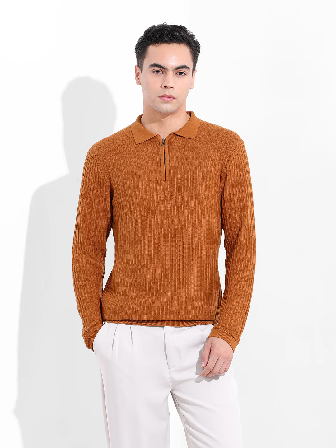 Men's Rust Slim Fit Striped Flat Knit Polo T-Shirt - Image 8