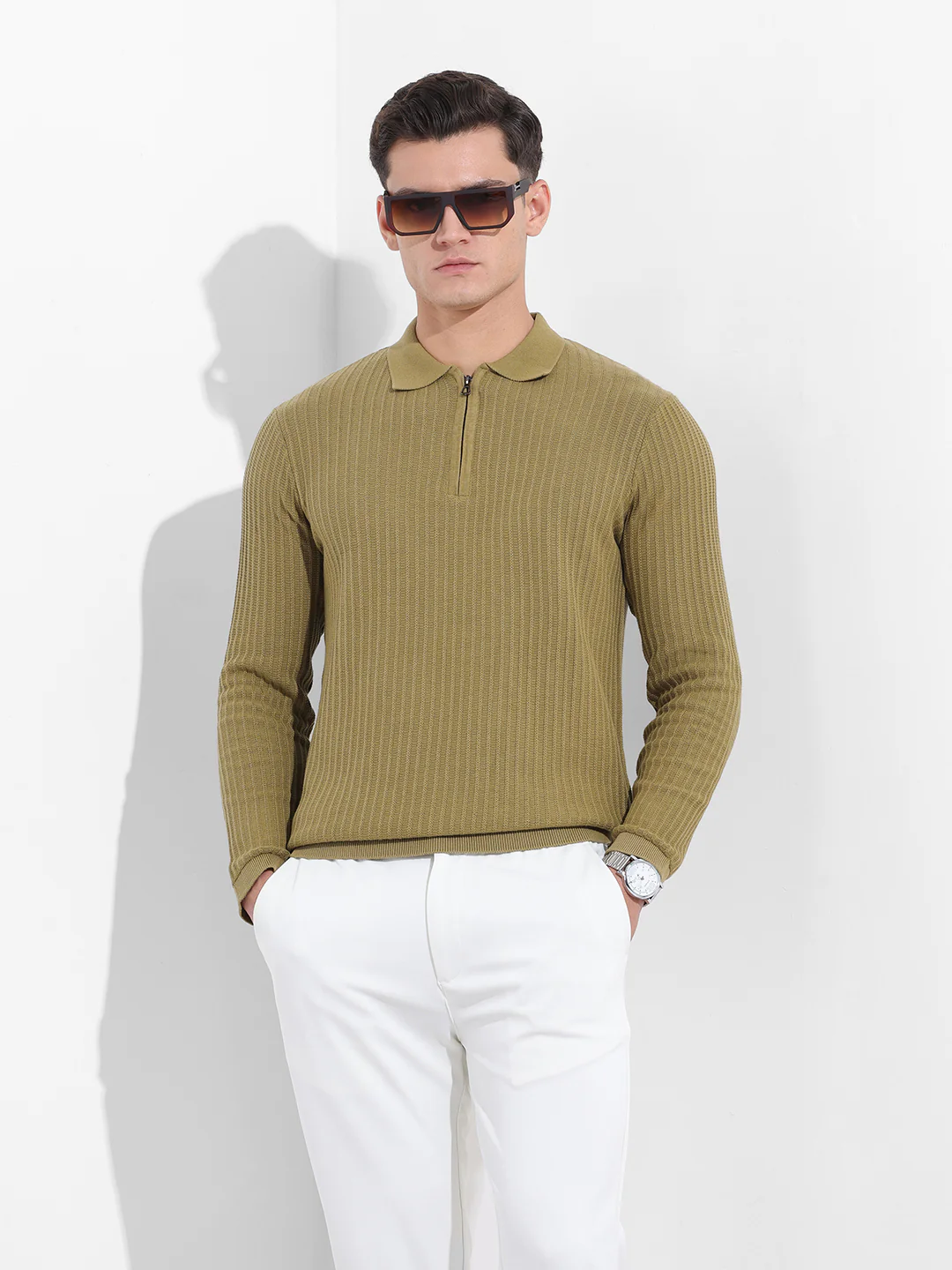 Men's Green Slim Fit Striped Flat Knit Polo T-Shirt