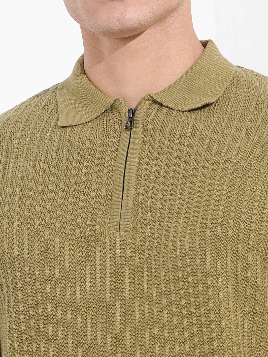Men's Green Slim Fit Striped Flat Knit Polo T-Shirt - Image 3
