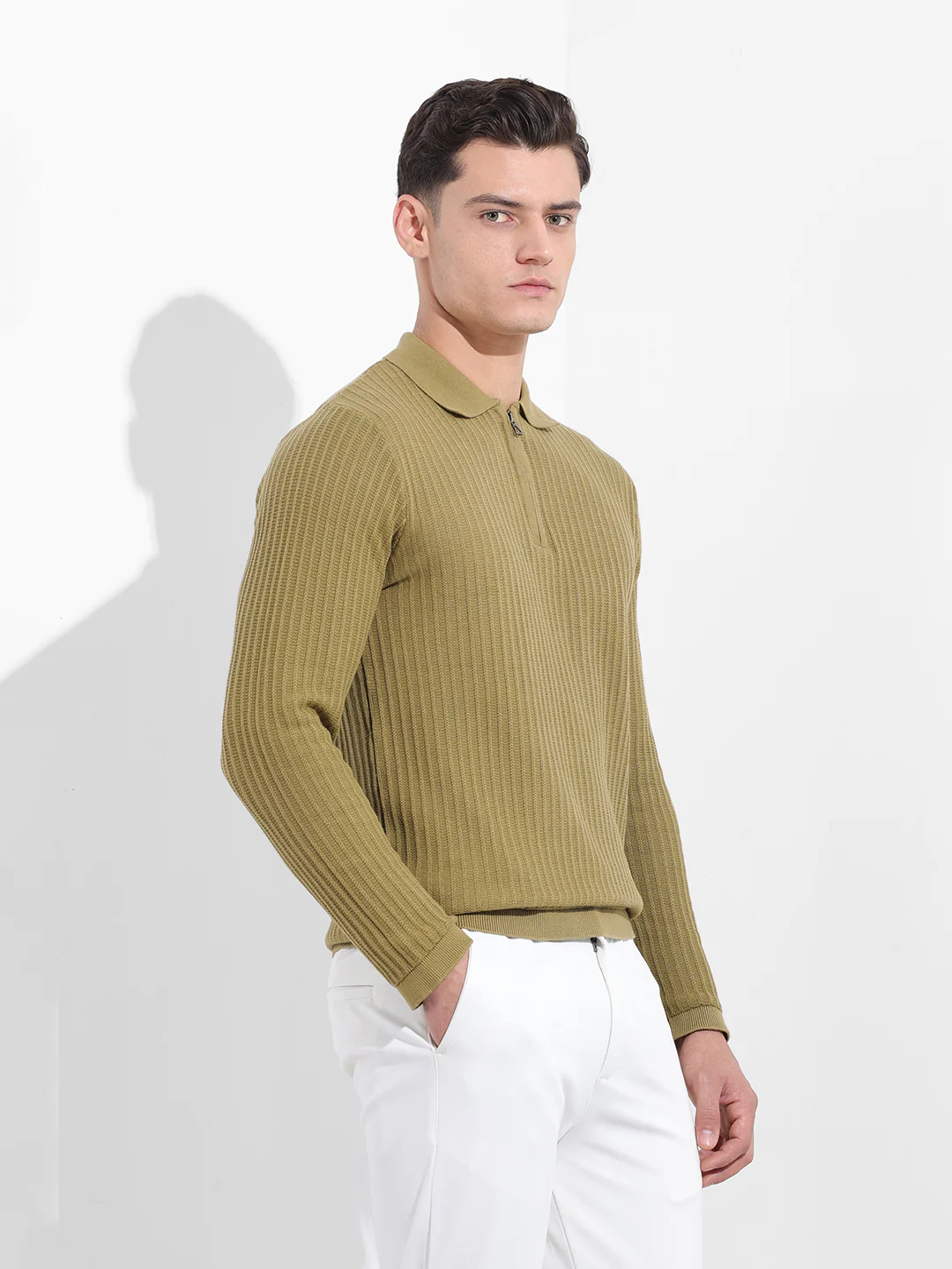 Men's Green Slim Fit Striped Flat Knit Polo T-Shirt - Image 4