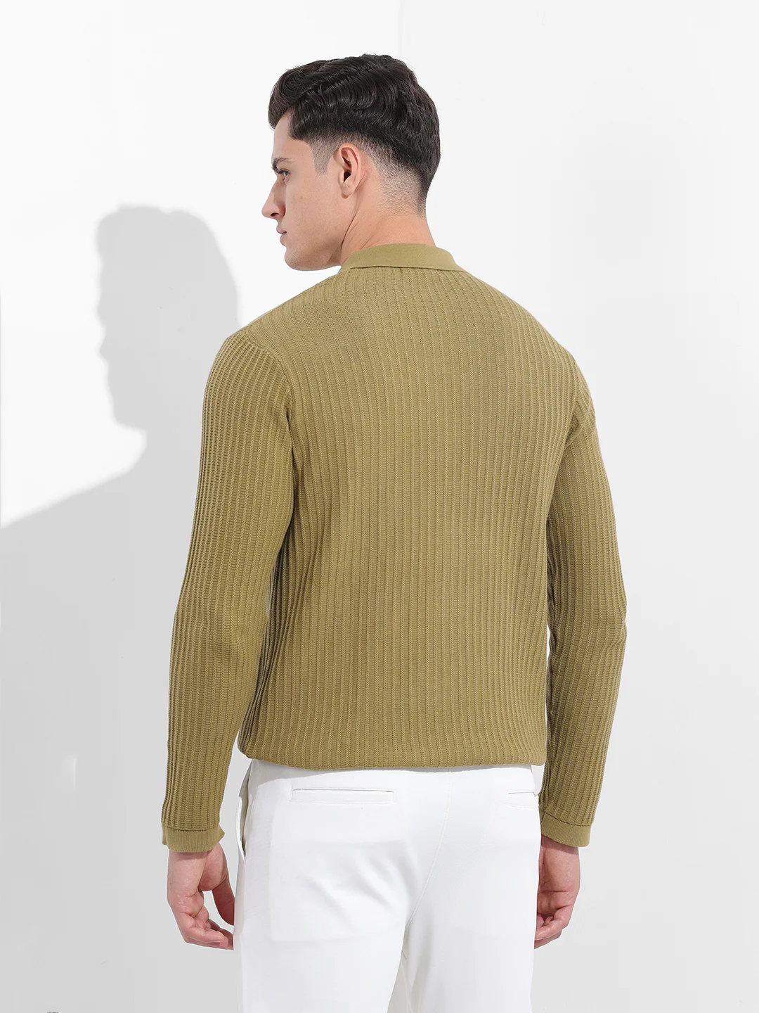 Men's Green Slim Fit Striped Flat Knit Polo T-Shirt - Image 5