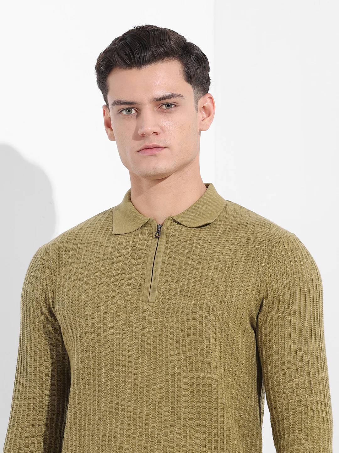 Men's Green Slim Fit Striped Flat Knit Polo T-Shirt - Image 6
