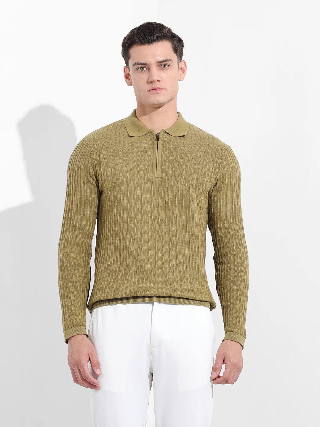 Men's Green Slim Fit Striped Flat Knit Polo T-Shirt - Image 7