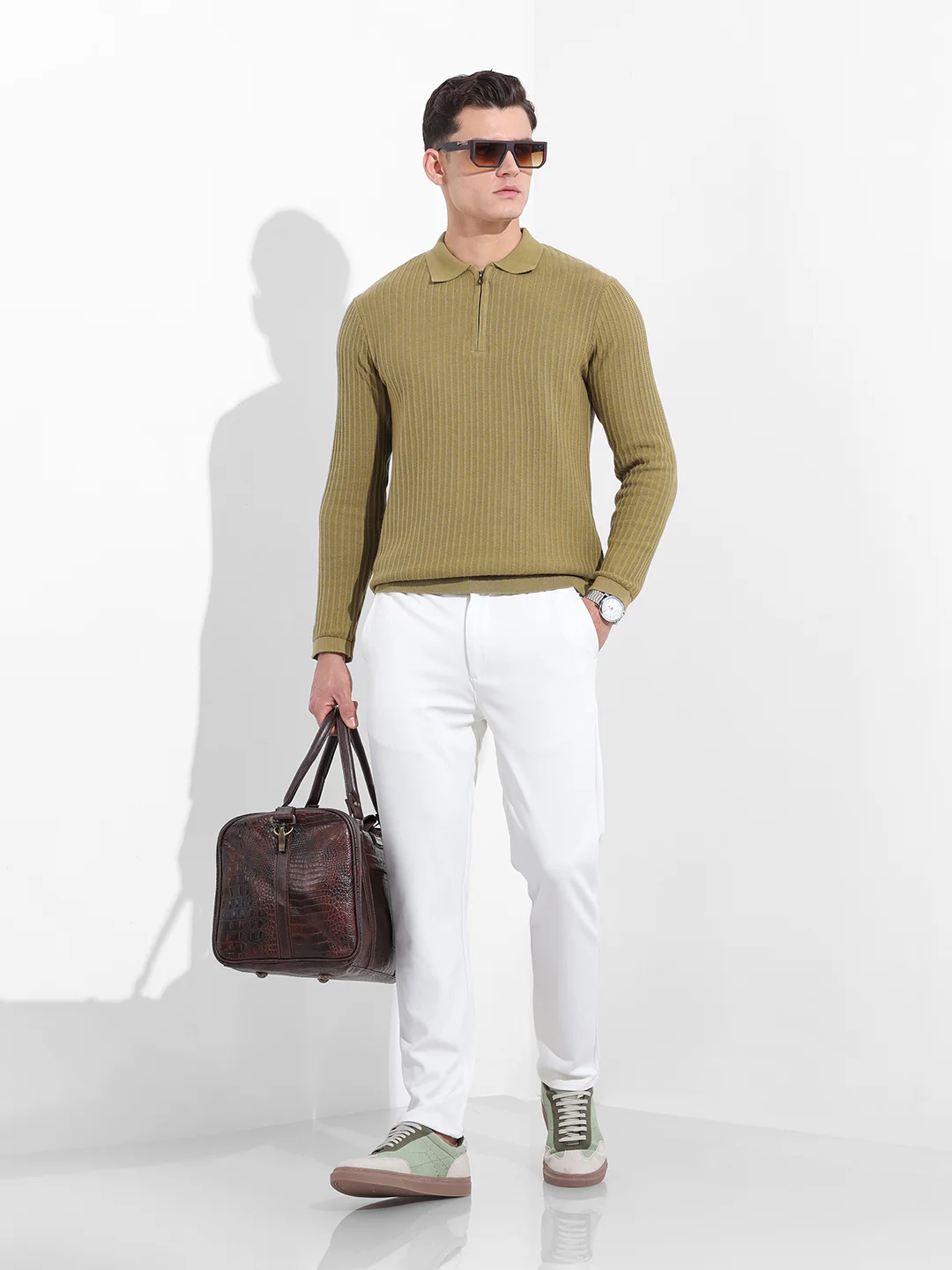 Men's Green Slim Fit Striped Flat Knit Polo T-Shirt - Image 8