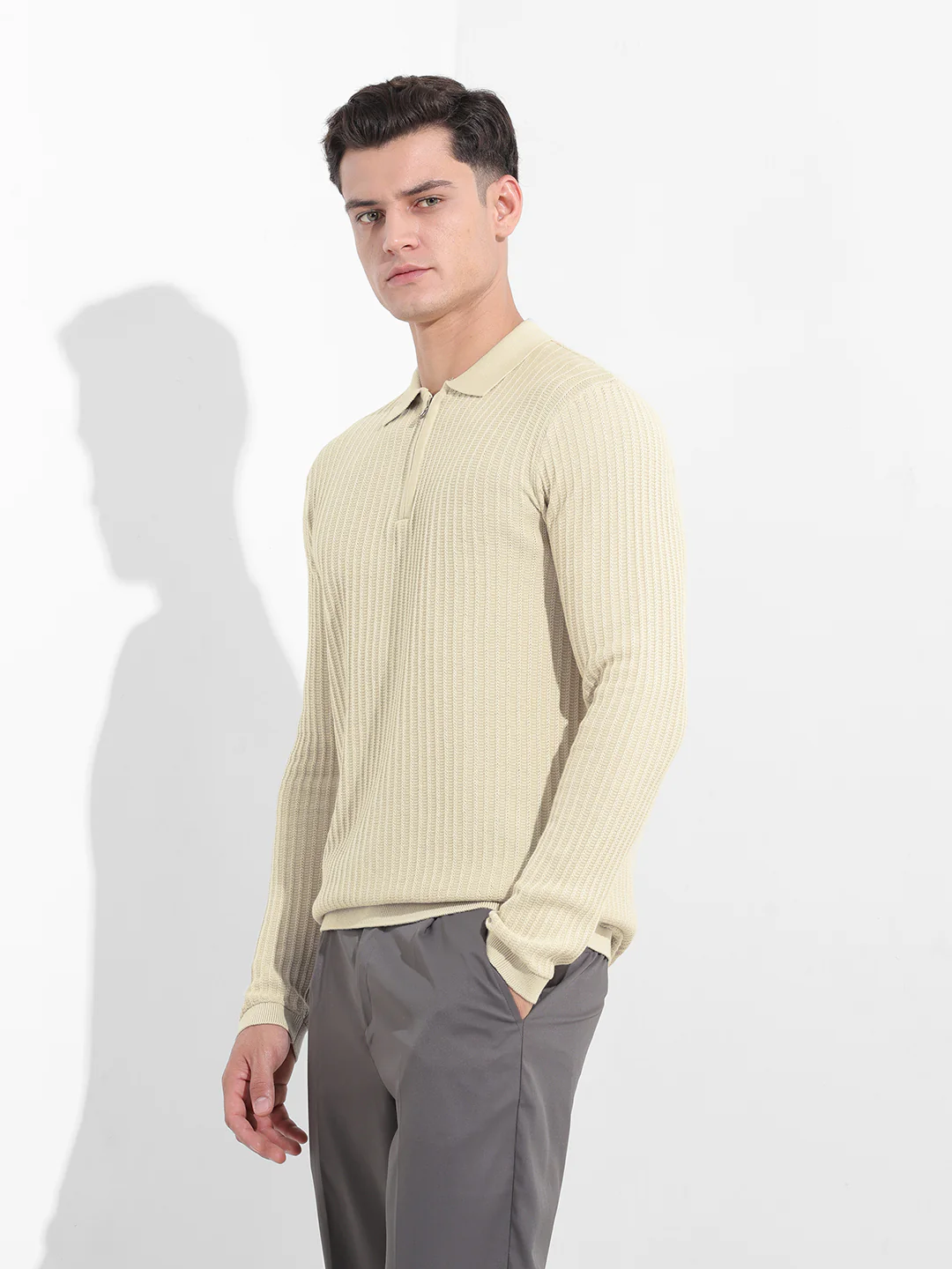 Men's Cream Slim Fit Striped Flat Knit Polo T-Shirt - Image 2