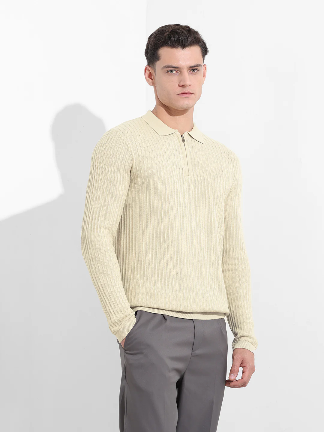 Men's Cream Slim Fit Striped Flat Knit Polo T-Shirt - Image 4