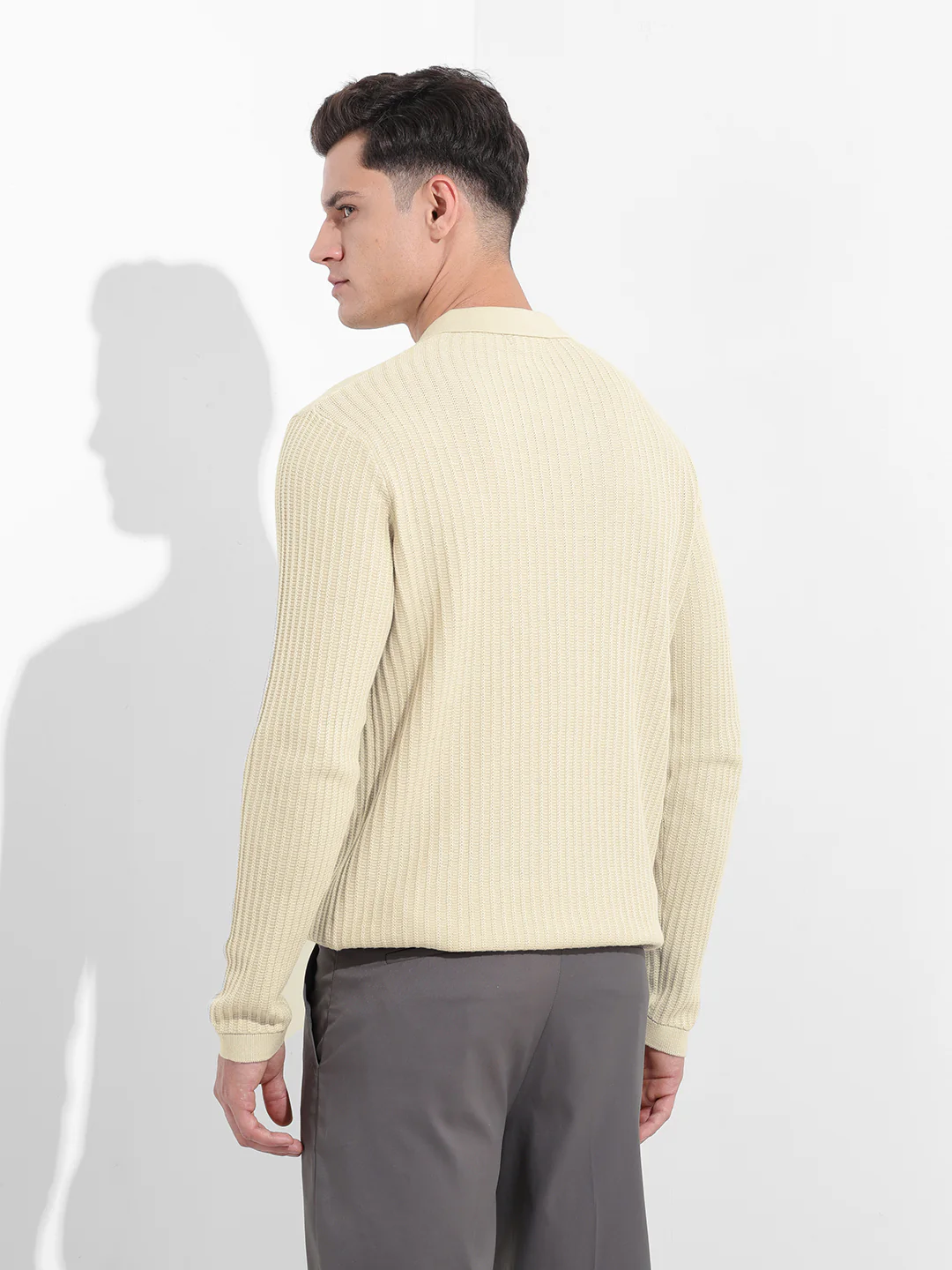 Men's Cream Slim Fit Striped Flat Knit Polo T-Shirt - Image 5