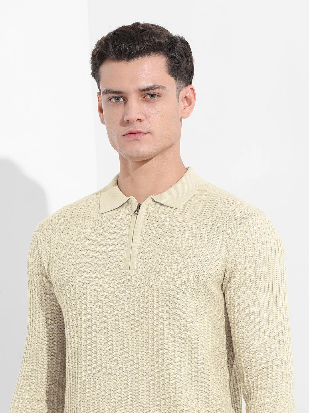 Men's Cream Slim Fit Striped Flat Knit Polo T-Shirt - Image 6