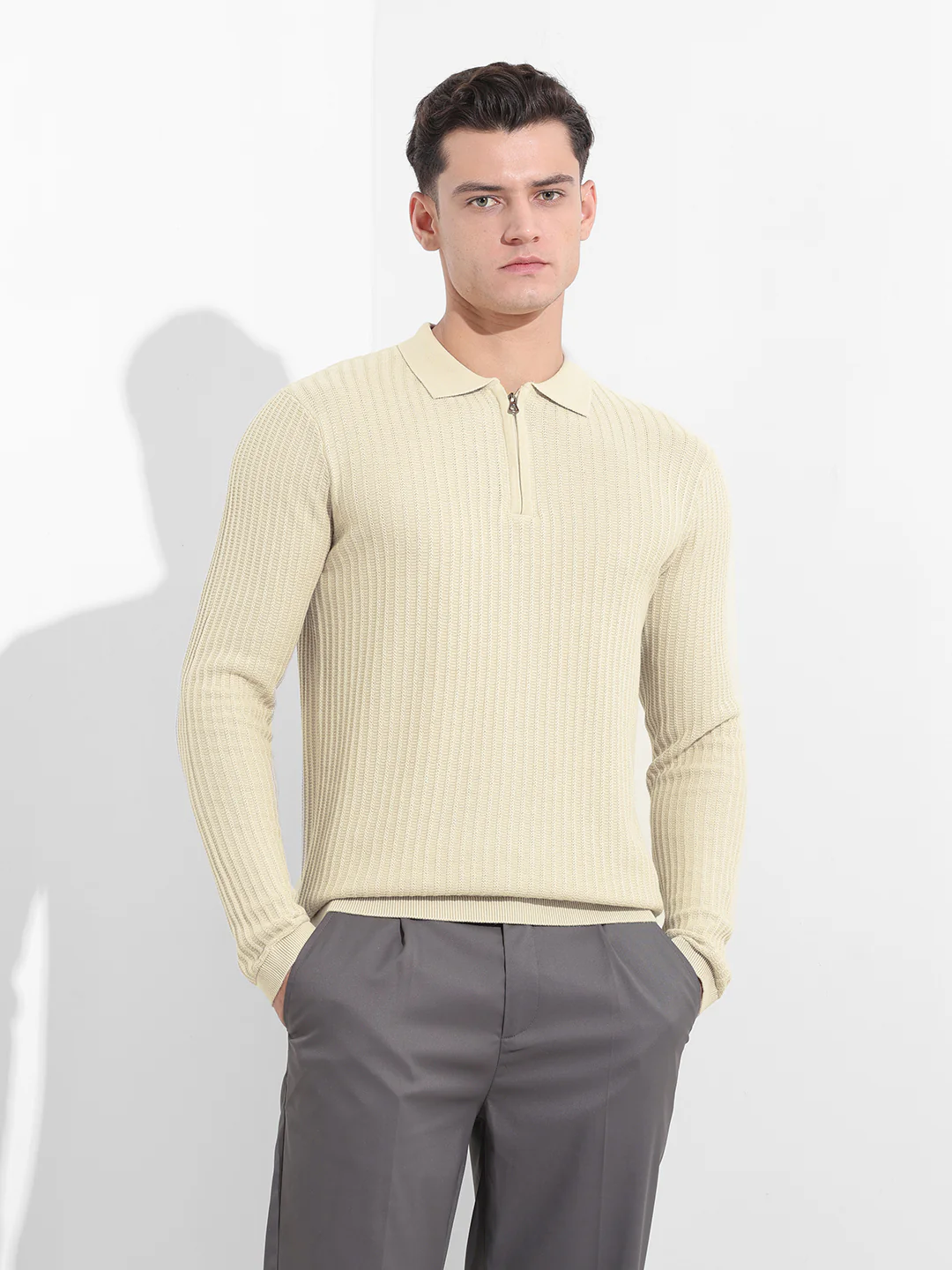 Men's Cream Slim Fit Striped Flat Knit Polo T-Shirt - Image 7