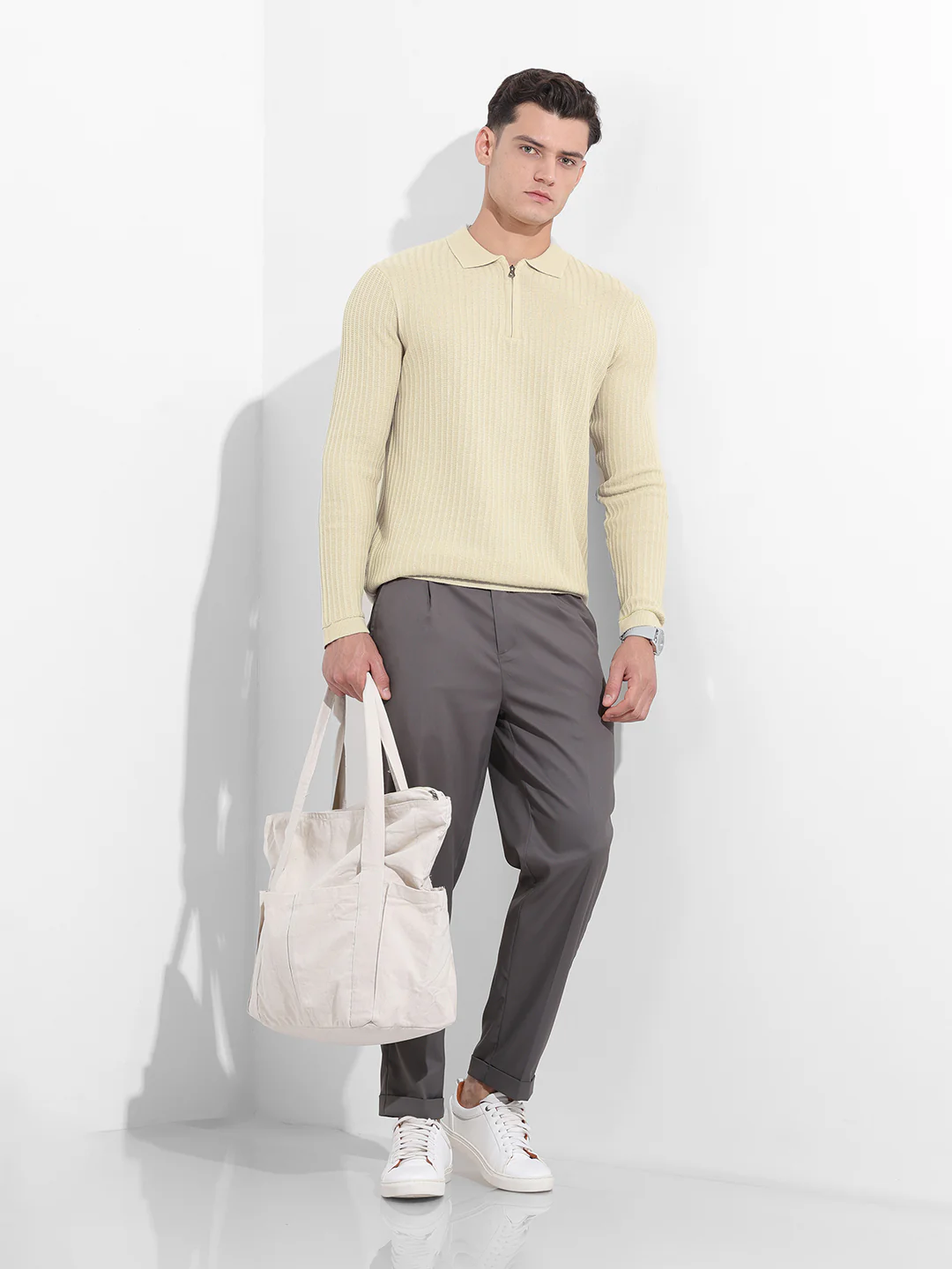 Men's Cream Slim Fit Striped Flat Knit Polo T-Shirt - Image 8