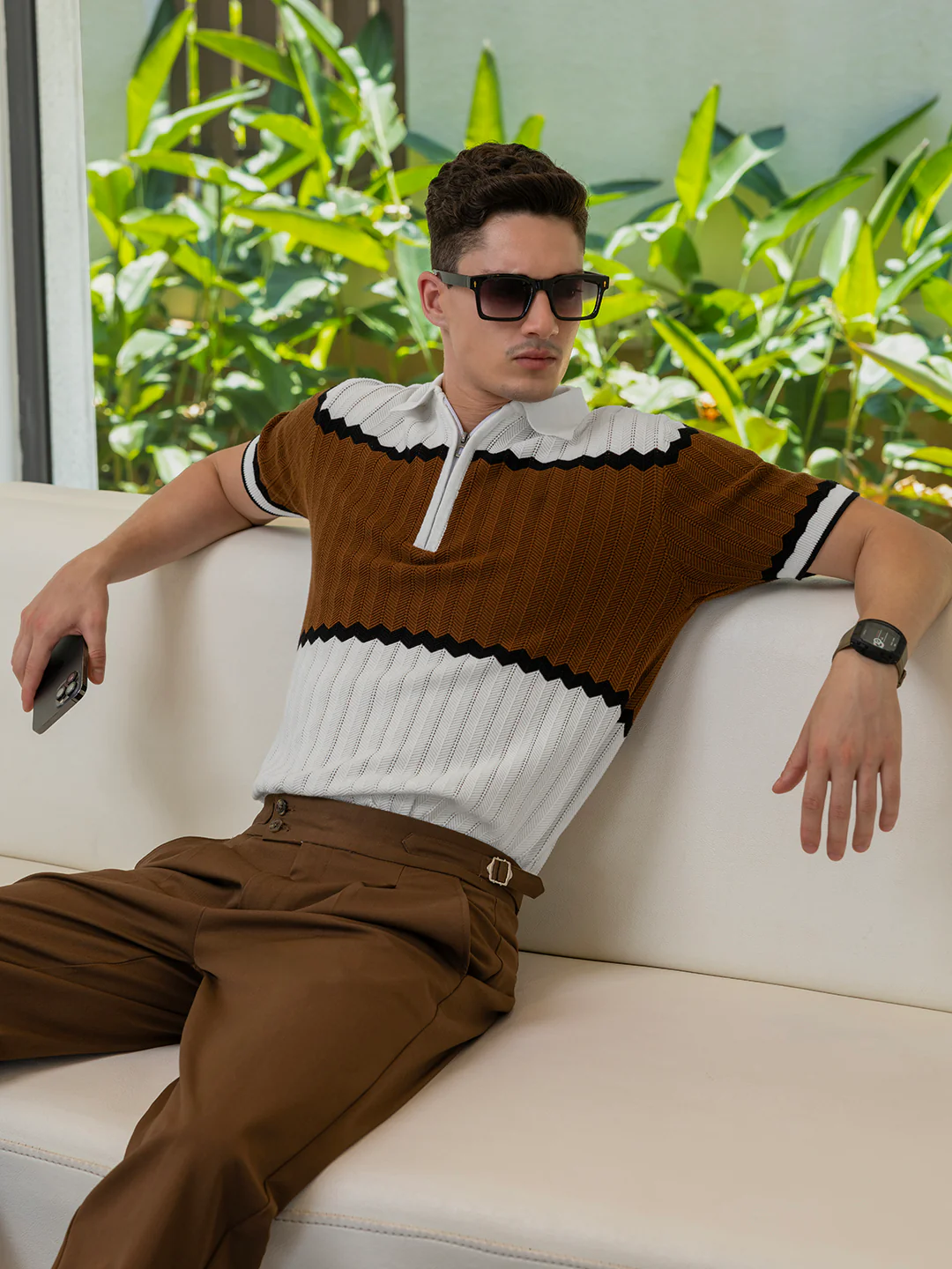 Men's White Slim Fit Colourblocked Flat Knit Polo T-Shirt