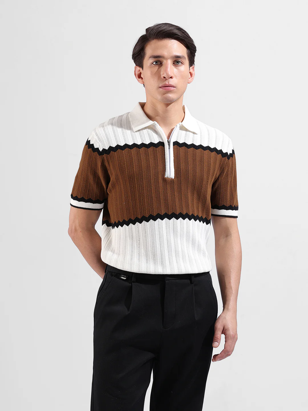 Men's White Slim Fit Colourblocked Flat Knit Polo T-Shirt - Image 2