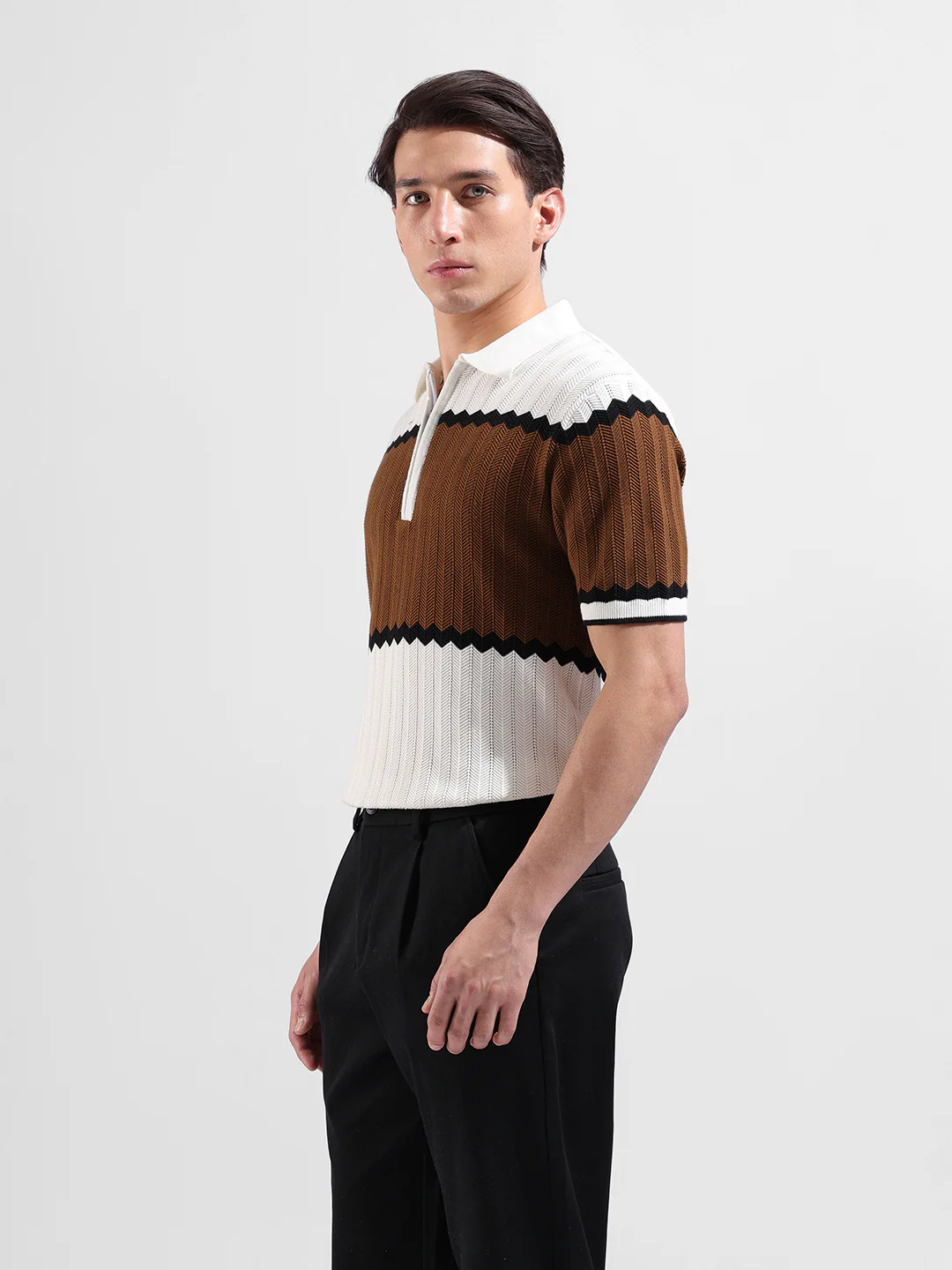 Men's White Slim Fit Colourblocked Flat Knit Polo T-Shirt - Image 5