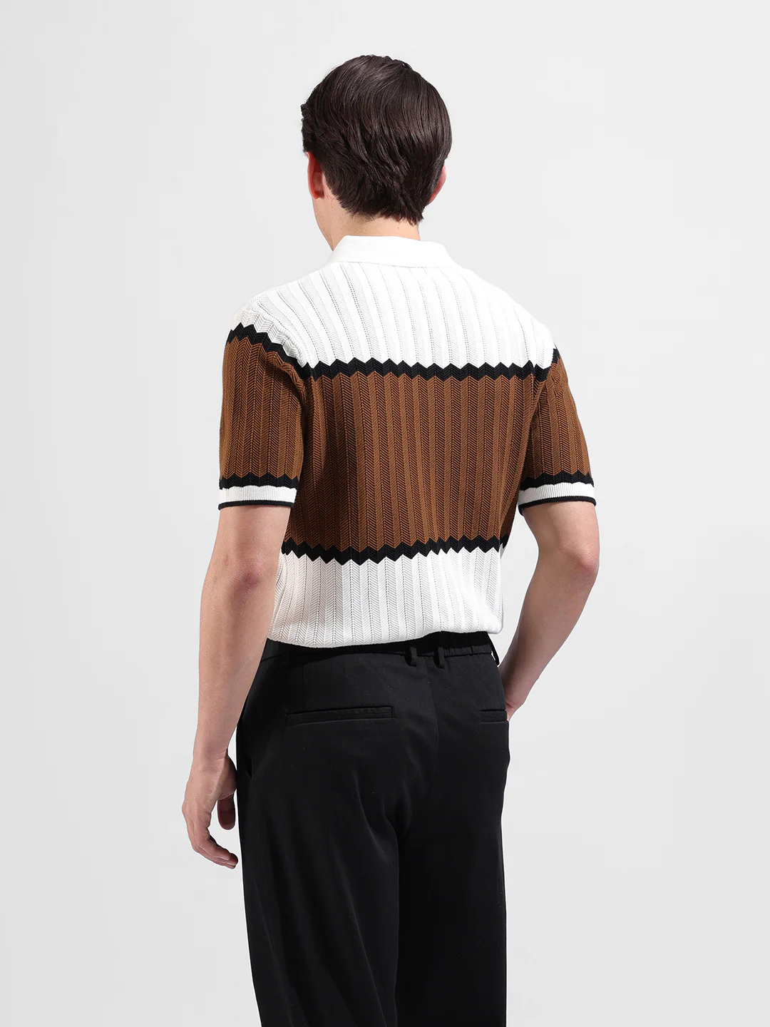 Men's White Slim Fit Colourblocked Flat Knit Polo T-Shirt - Image 6