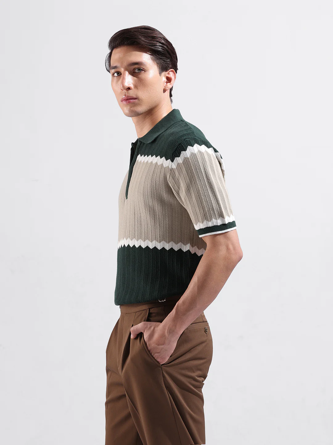 Men's Green Slim Fit Colourblocked Flat Knit Polo T-Shirt - Image 5
