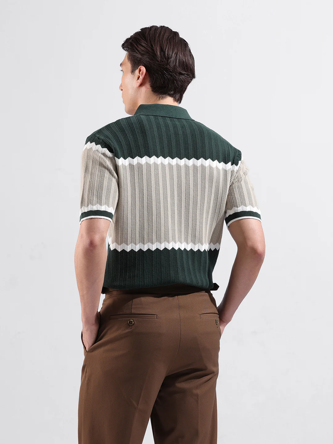 Men's Green Slim Fit Colourblocked Flat Knit Polo T-Shirt - Image 7