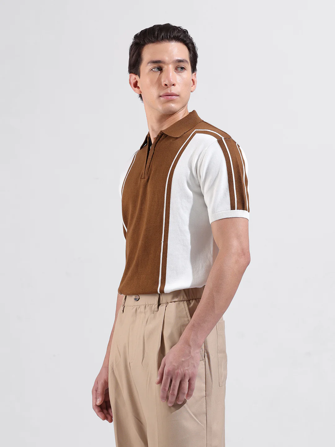 Men's White Slim Fit Colourblocked Flat Knit Polo T-Shirt - Image 5
