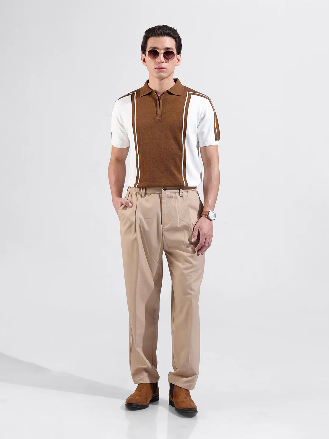 Men's White Slim Fit Colourblocked Flat Knit Polo T-Shirt - Image 6