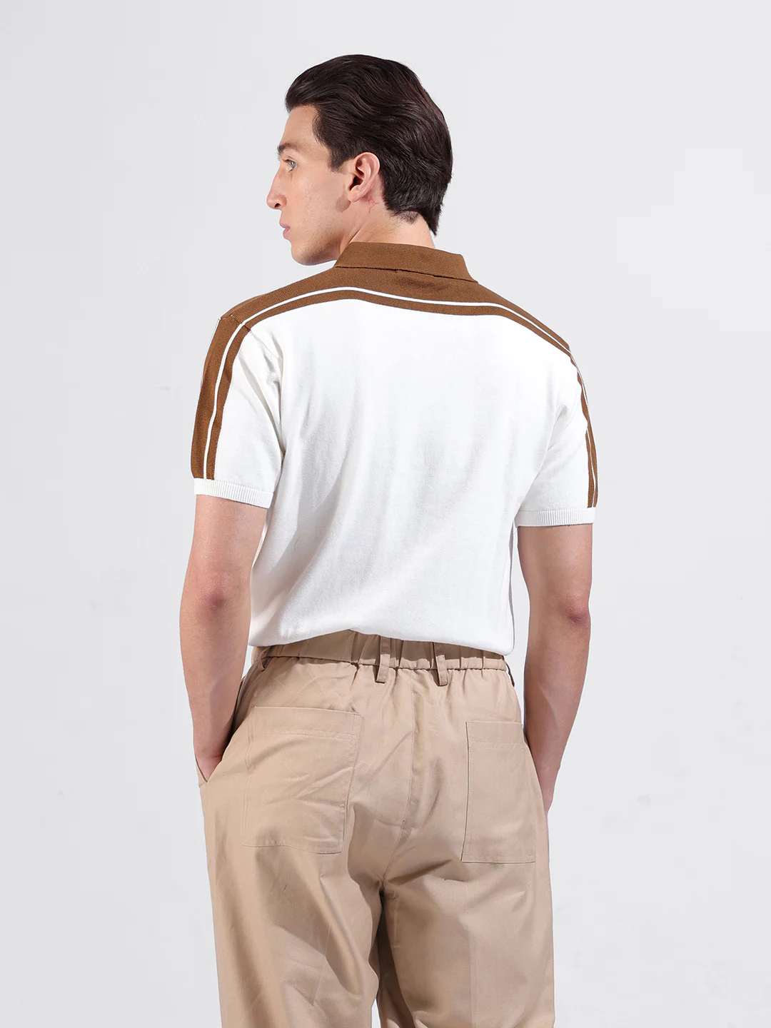 Men's White Slim Fit Colourblocked Flat Knit Polo T-Shirt - Image 7