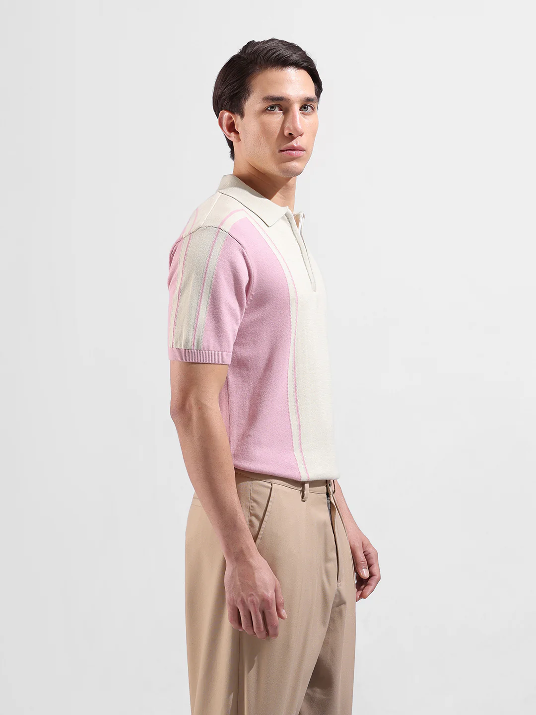 Men's Pink Slim Fit Striped Flat Knit Polo T-Shirt - Image 4
