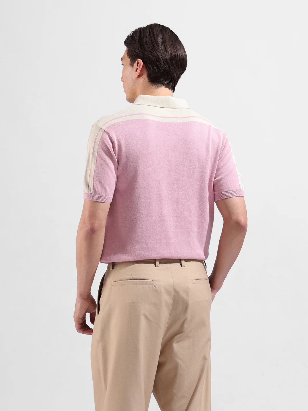 Men's Pink Slim Fit Striped Flat Knit Polo T-Shirt - Image 6