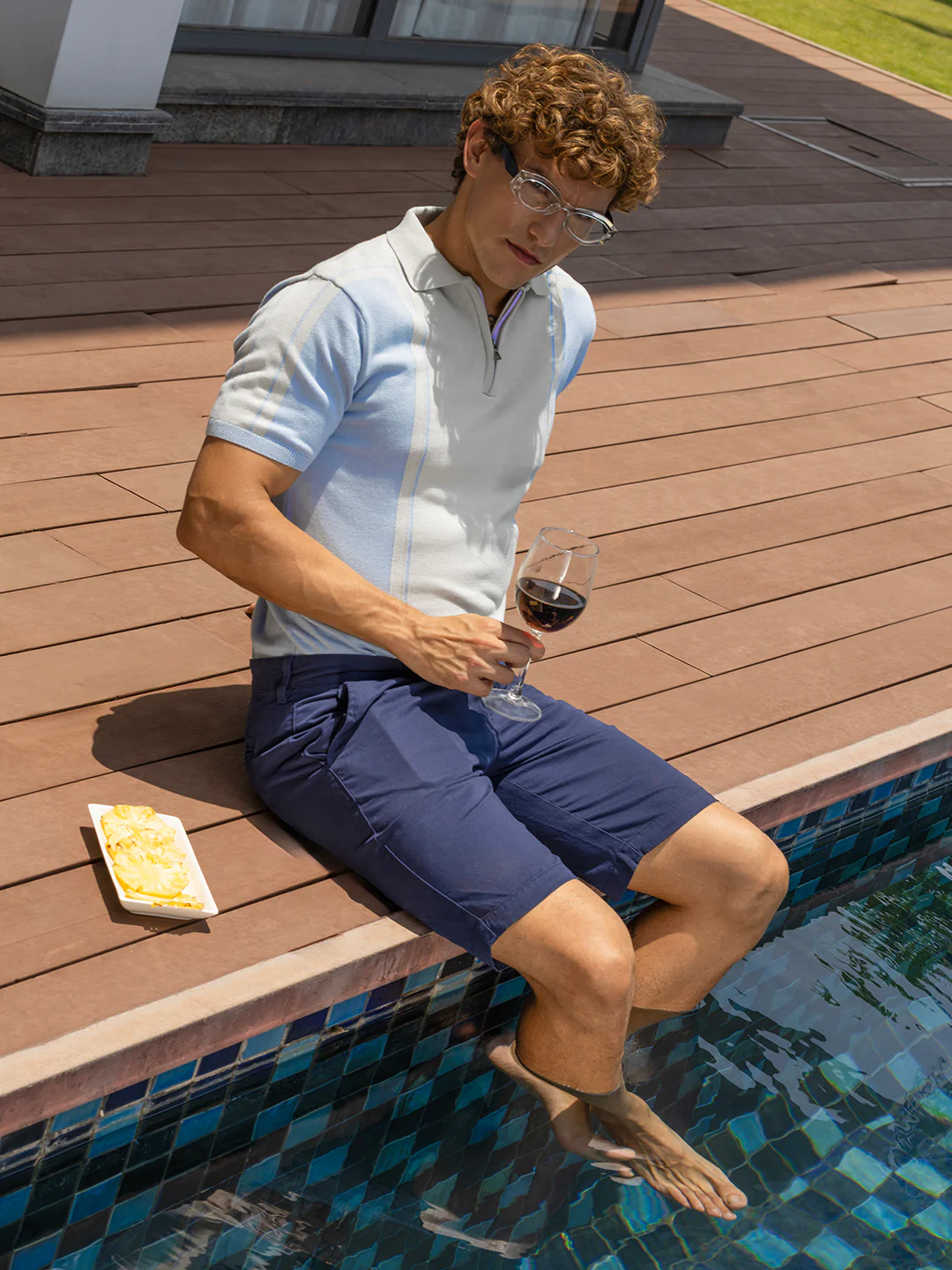 Men's Blue Slim Fit Colourblocked Flat Knit Polo T-Shirt - Image 4
