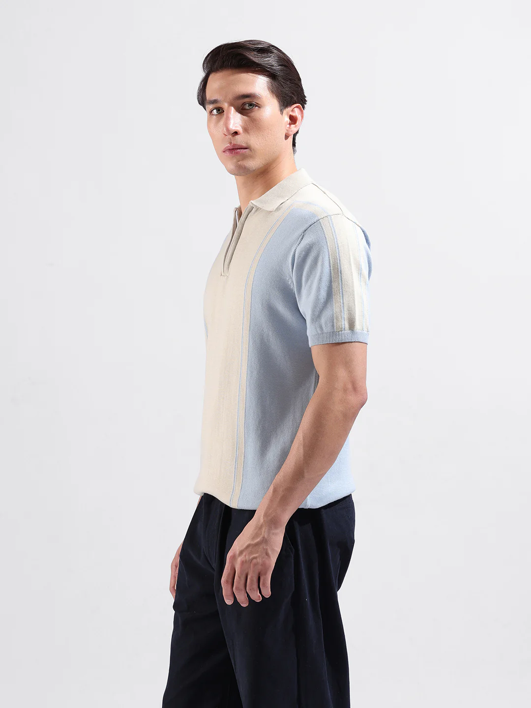 Men's Blue Slim Fit Colourblocked Flat Knit Polo T-Shirt - Image 6