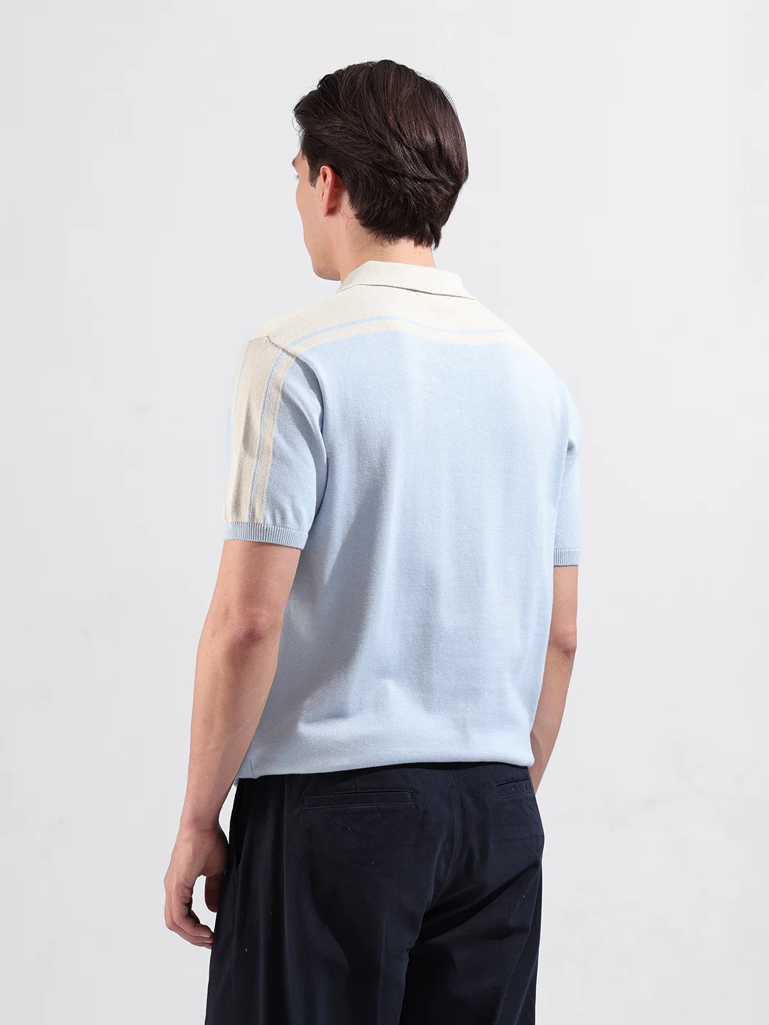 Men's Blue Slim Fit Colourblocked Flat Knit Polo T-Shirt - Image 7
