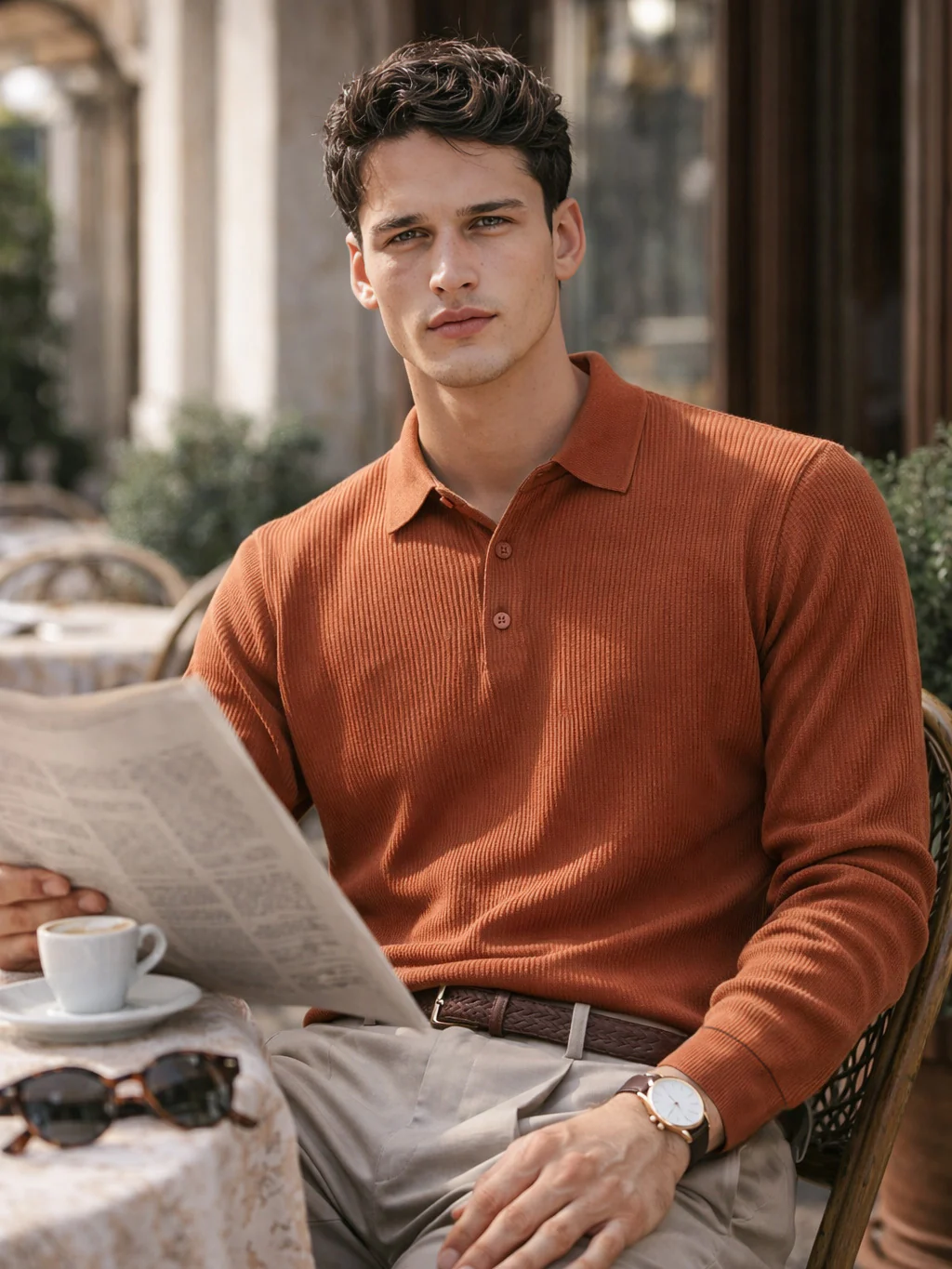 Men's Rust Oversized Fit Striped Flat Knit Polo T-Shirt