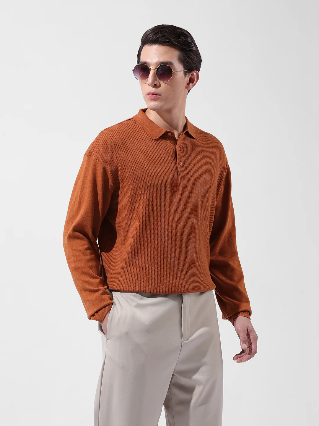 Men's Rust Oversized Fit Striped Flat Knit Polo T-Shirt - Image 2