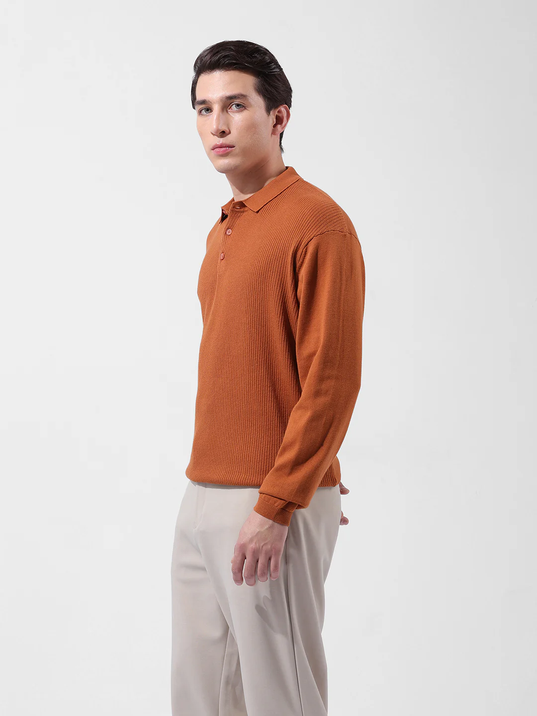 Men's Rust Oversized Fit Striped Flat Knit Polo T-Shirt - Image 5