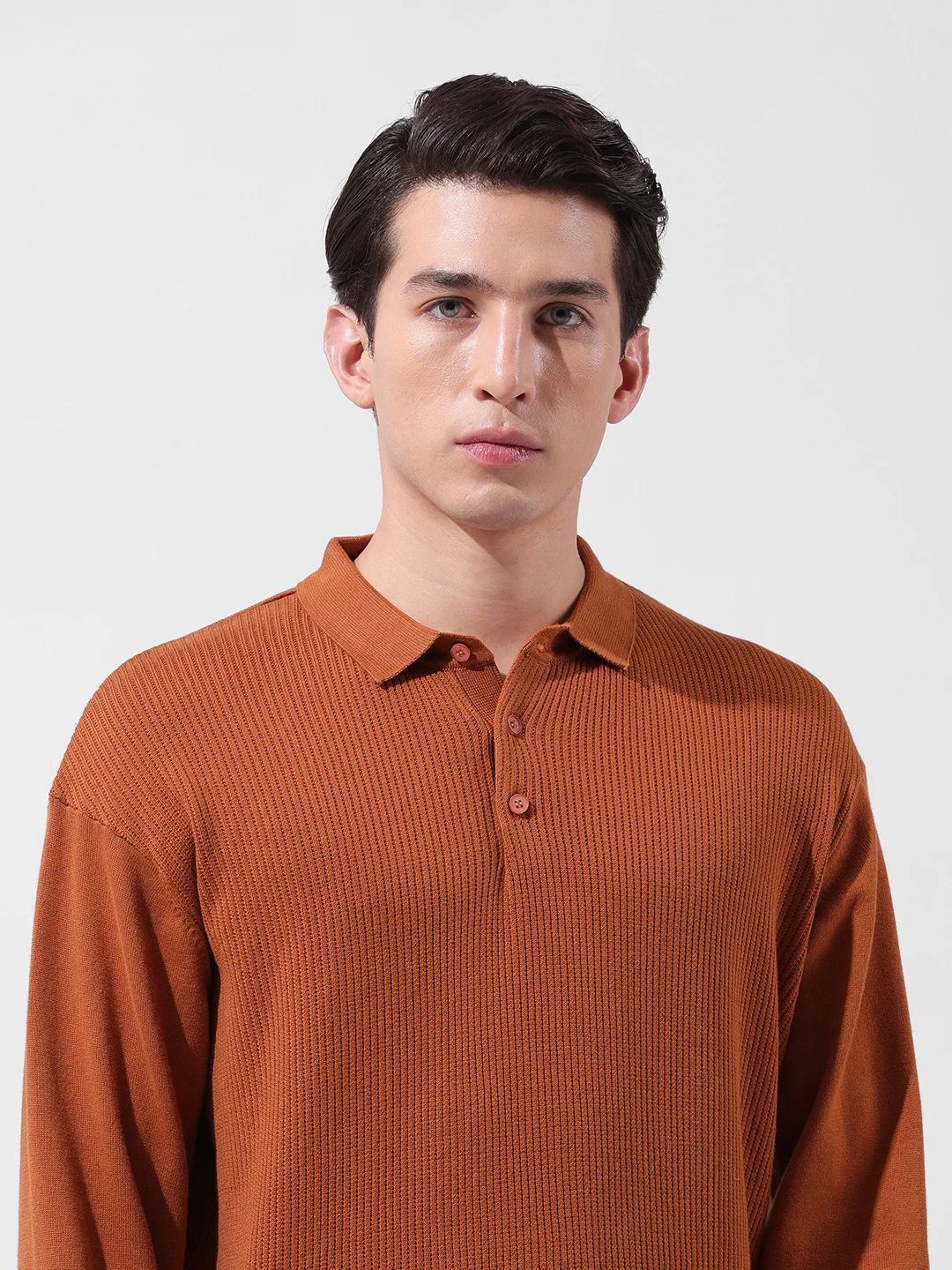 Men's Rust Oversized Fit Striped Flat Knit Polo T-Shirt - Image 6