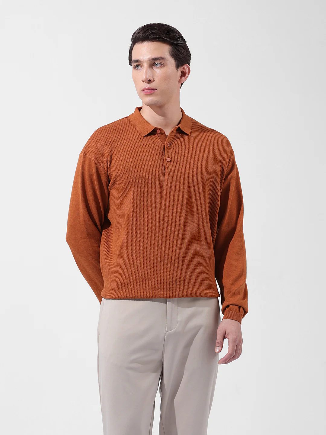 Men's Rust Oversized Fit Striped Flat Knit Polo T-Shirt - Image 7