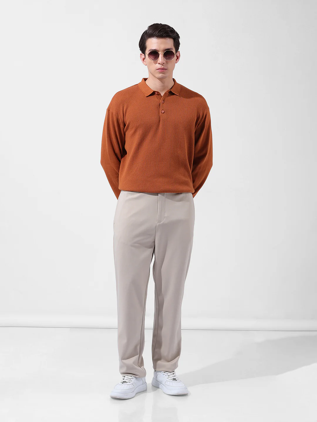 Men's Rust Oversized Fit Striped Flat Knit Polo T-Shirt - Image 8