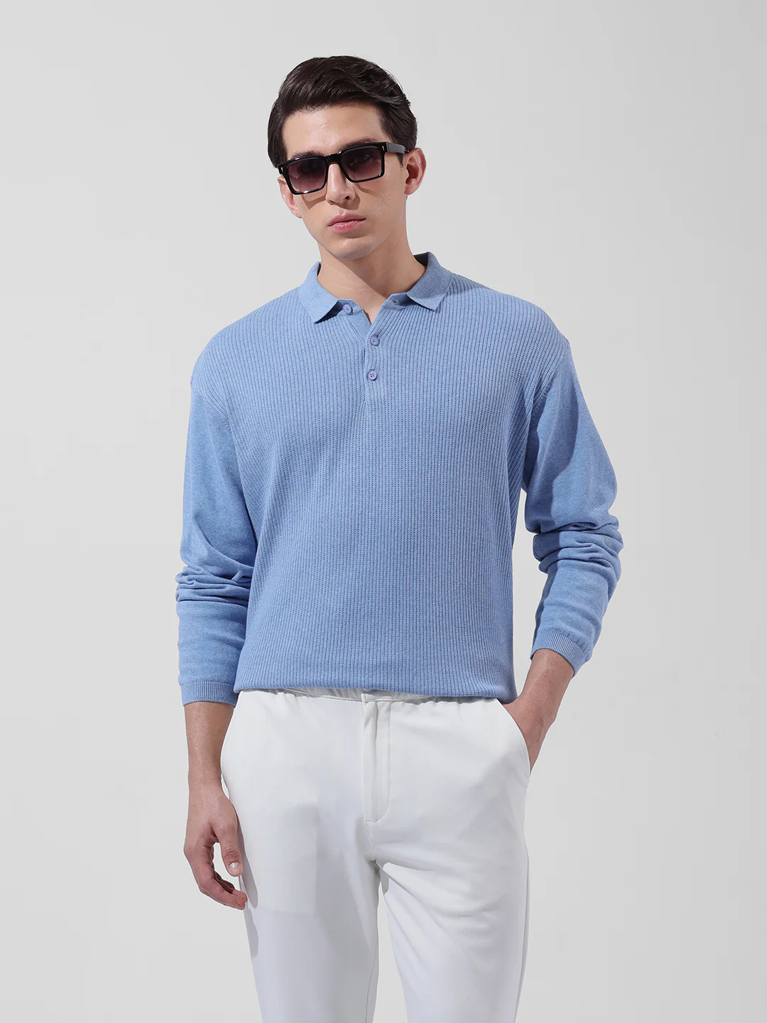 Men's Blue Oversized Fit Striped Flat Knit Polo T-Shirt - Image 2
