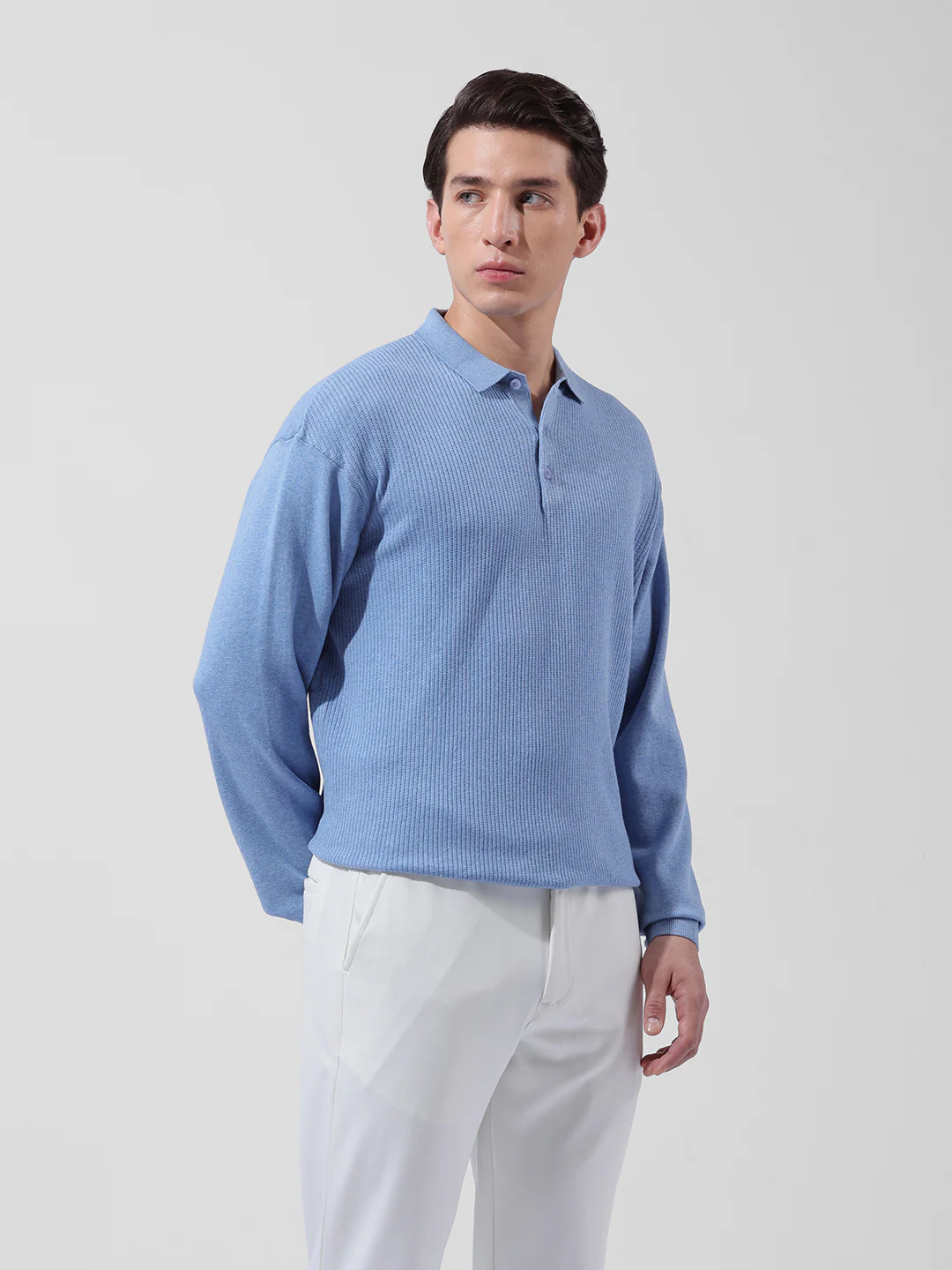 Men's Blue Oversized Fit Striped Flat Knit Polo T-Shirt - Image 3