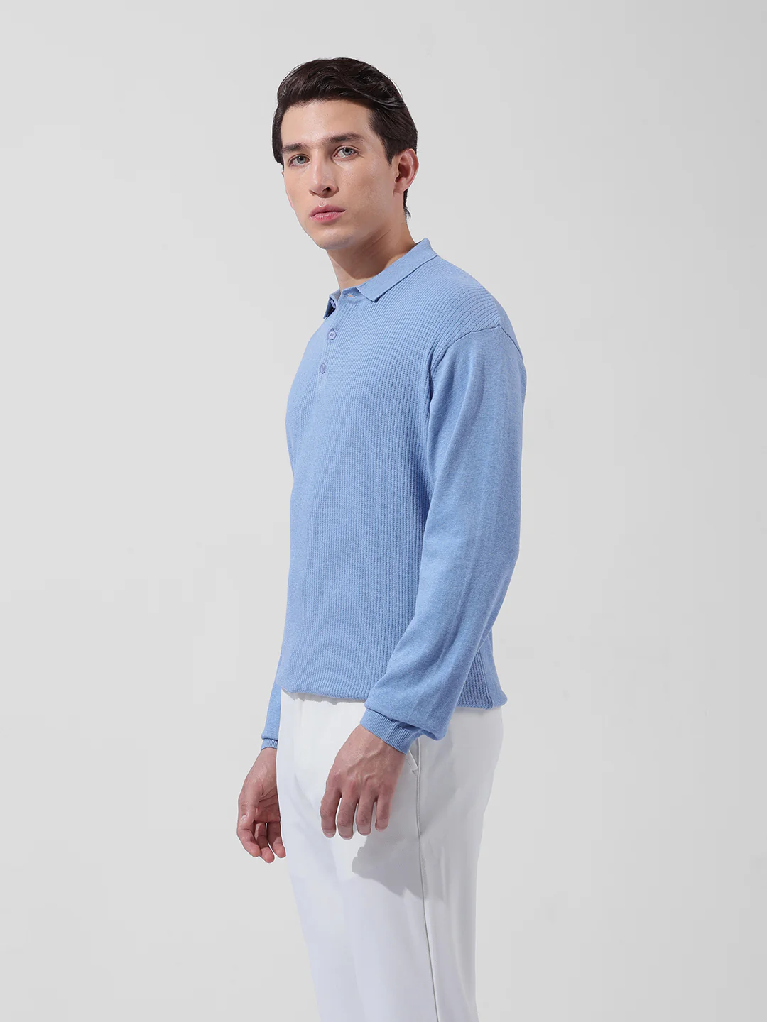 Men's Blue Oversized Fit Striped Flat Knit Polo T-Shirt - Image 4