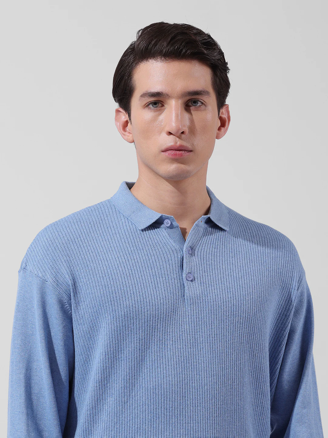 Men's Blue Oversized Fit Striped Flat Knit Polo T-Shirt - Image 5