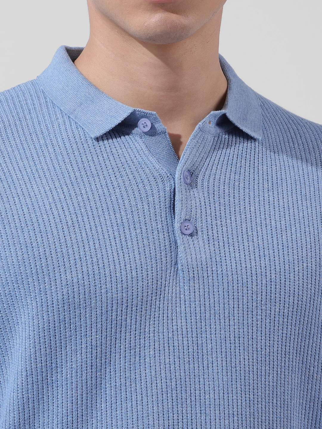 Men's Blue Oversized Fit Striped Flat Knit Polo T-Shirt - Image 6