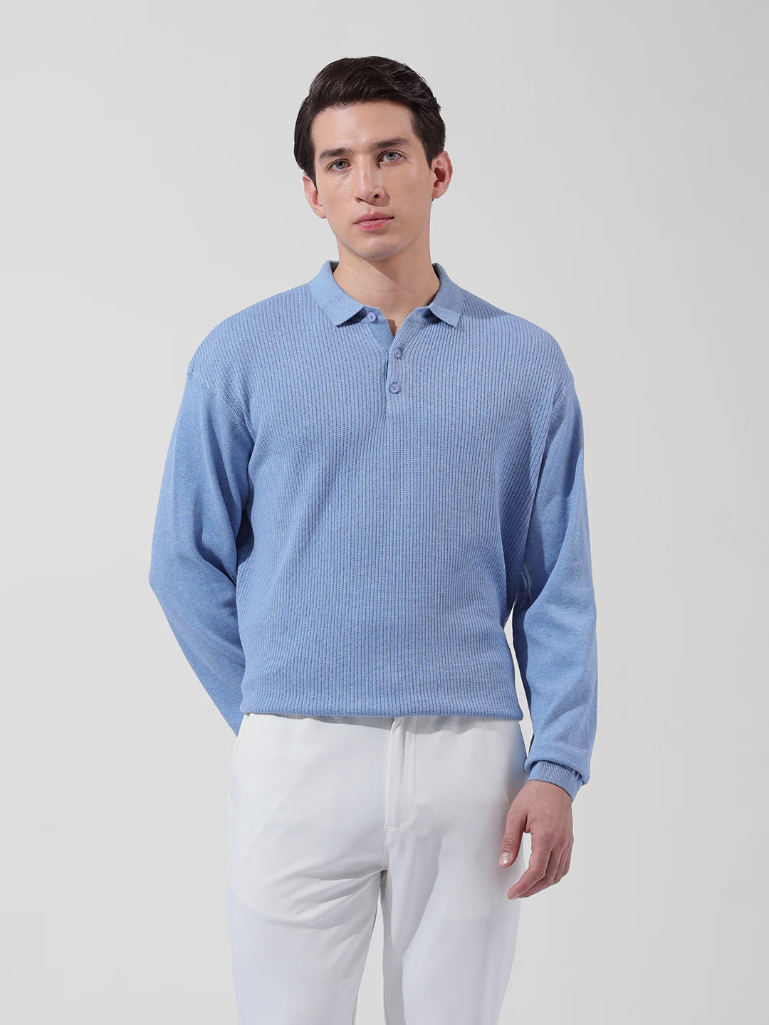Men's Blue Oversized Fit Striped Flat Knit Polo T-Shirt - Image 7